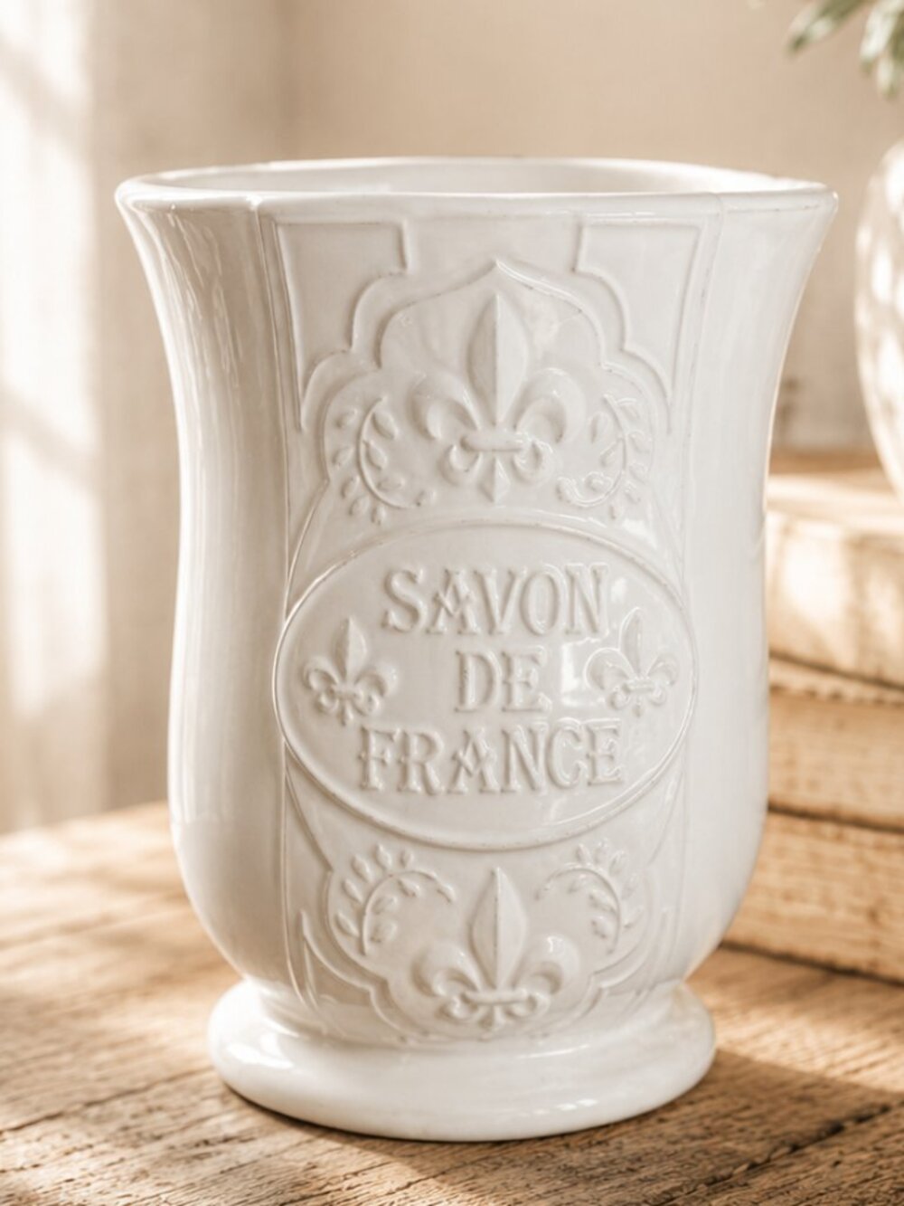 Vintage White Ceramic Planter Vase With a "Savon de France" Embossed Design